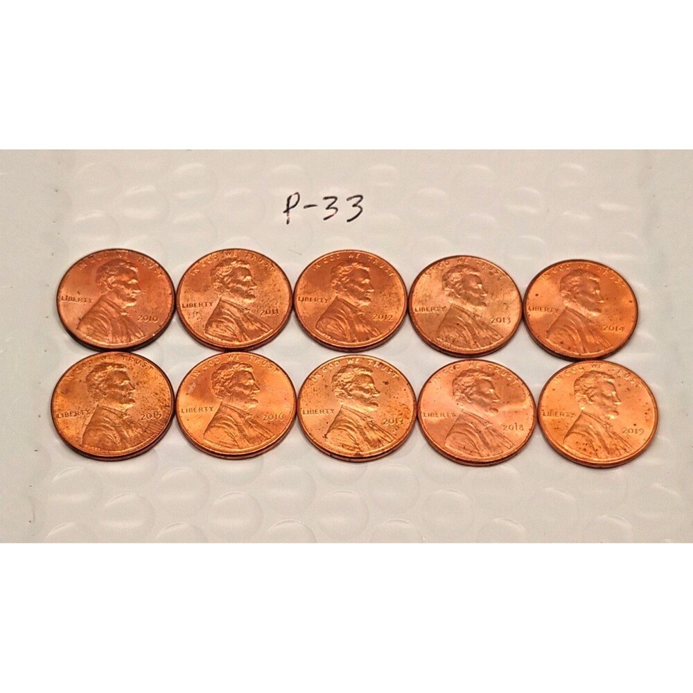 10 Lincoln Shield Cents Pennies 2010-2019 Red AU/MS, Actual Coins Shown [AL-P33]